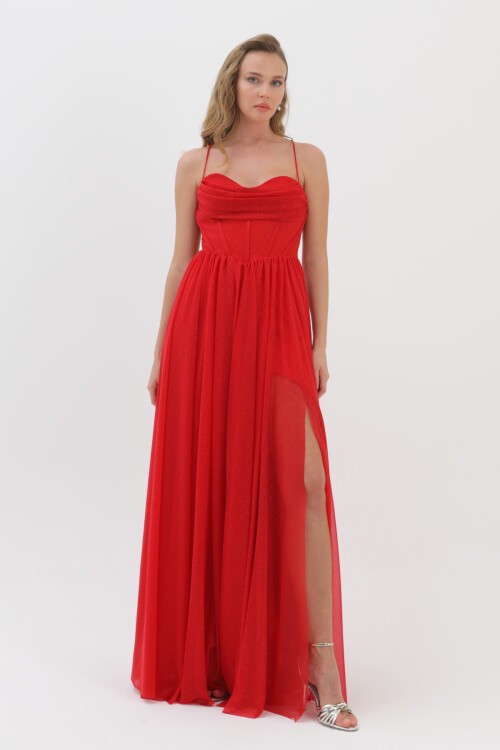 Askılı Simli Yırtmaçlı Elbise - 1771