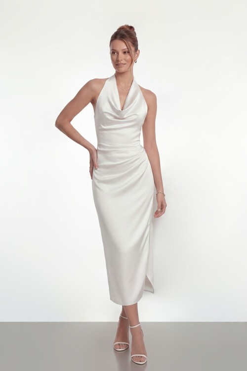 Saten Halter Yaka Drapeli Midi Abiye - 2084