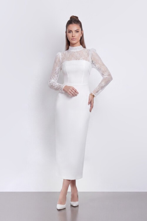 Uzun Kollu Dantel Detaylı Midi Elbise - 2153