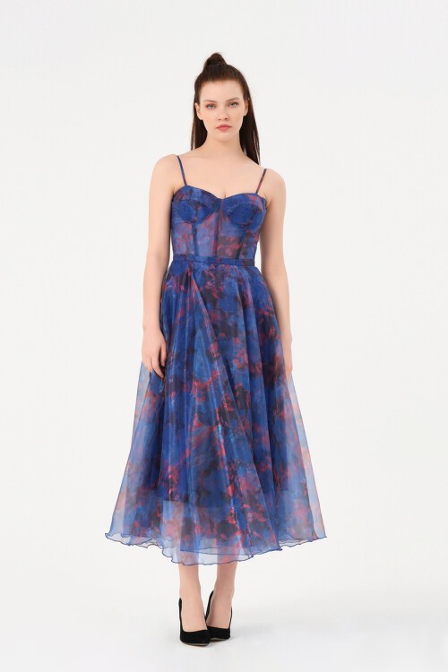 Askılı Desenli Midi Elbise - 1579