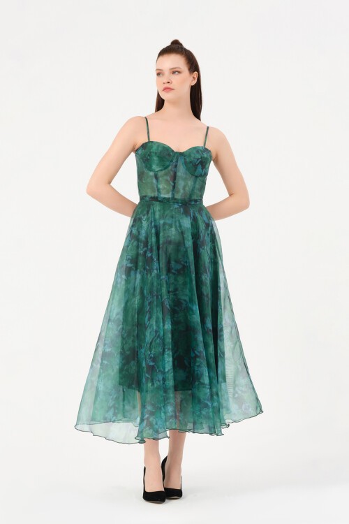 Askılı Desenli Midi Elbise - 1579