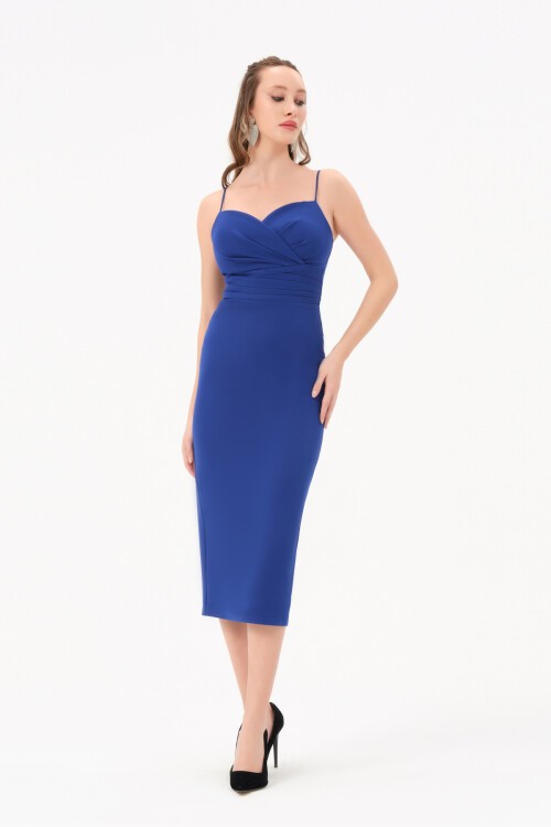 Askılı Drapeli Midi Elbise - 1572