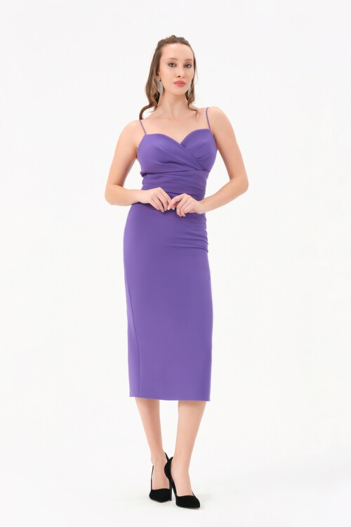 Askılı Drapeli Midi Elbise - 1572