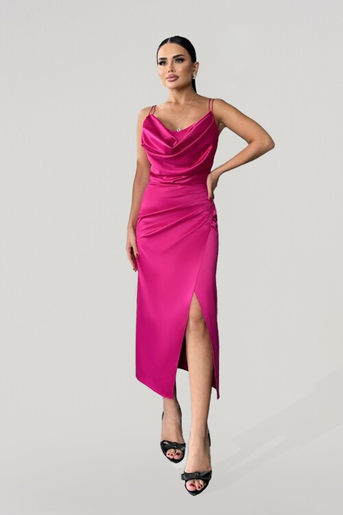 Askılı Drapeli Yırtmaçlı Elbise  - 1770