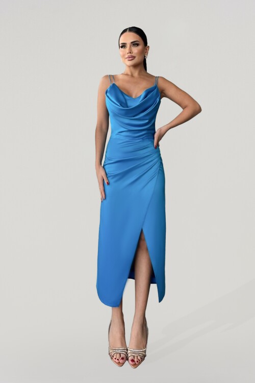 Askılı Drapeli Yırtmaçlı Elbise  - 1770