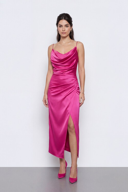 Askılı Drapeli Yırtmaçlı Elbise  - 1770