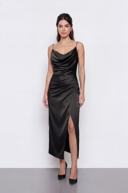 Askılı Drapeli Yırtmaçlı Elbise  - 1770