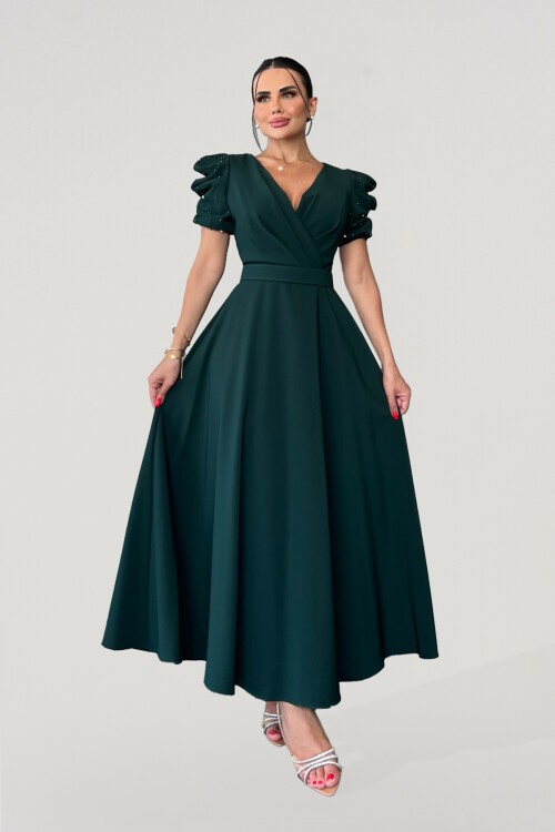 Balon Kol İnci Detaylı Midi Elbise - 1644