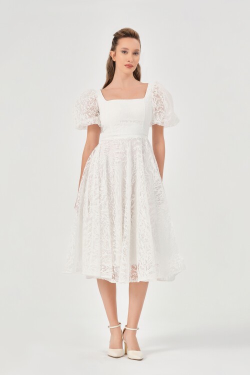 Balon Kollu Kare Yaka Midi Elbise - 1491