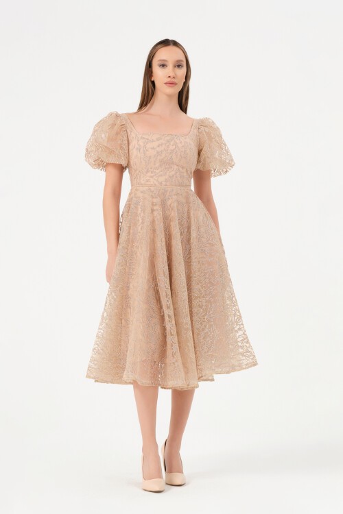 Balon Kollu Kare Yaka Midi Elbise - 1491