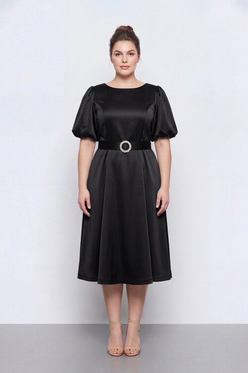 Balon Kollu Kemer Aksesuarlı Midi Abiye - 1621