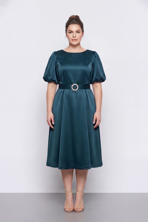 Balon Kollu Kemer Aksesuarlı Midi Abiye - 1621