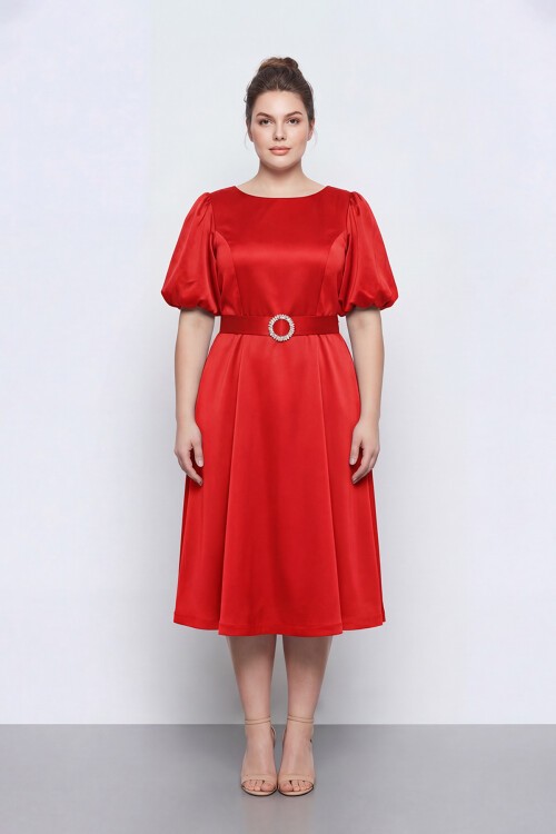 Balon Kollu Kemer Aksesuarlı Midi Abiye - 1621