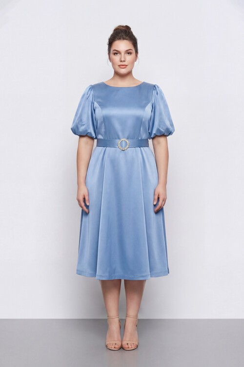 Balon Kollu Kemer Aksesuarlı Midi Abiye - 1621