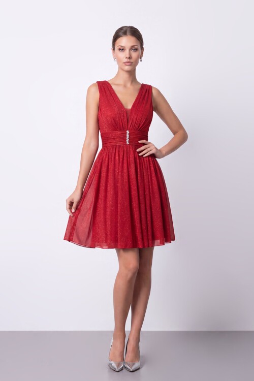Bel Detaylı V Yaka Mini Elbise - 2203