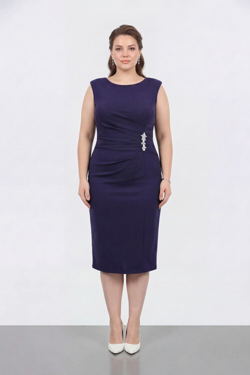 Broş Detaylı Midi Elbise - 1649