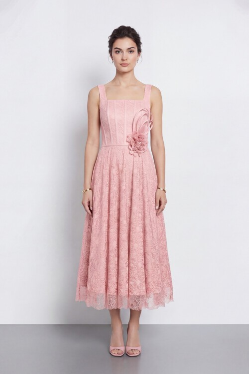 Çiçek Aksesuarlı Dantel Abiye - 2086