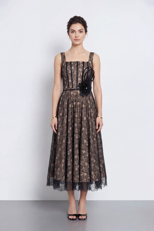 Çiçek Aksesuarlı Dantel Abiye - 2086