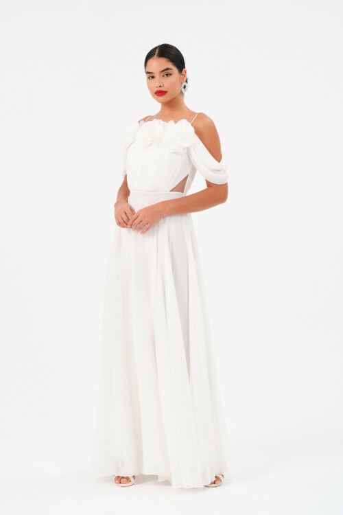 Çiçek Detaylı Omzu Düşük Elbise - 1500