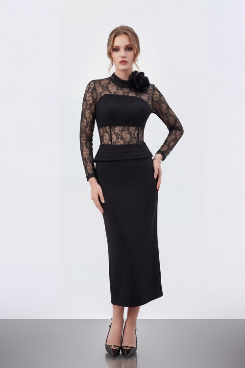 Dantel Büstiyer Detaylı Midi Elbise - 2041