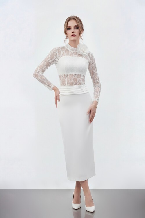 Dantel Büstiyer Detaylı Midi Elbise - 2041