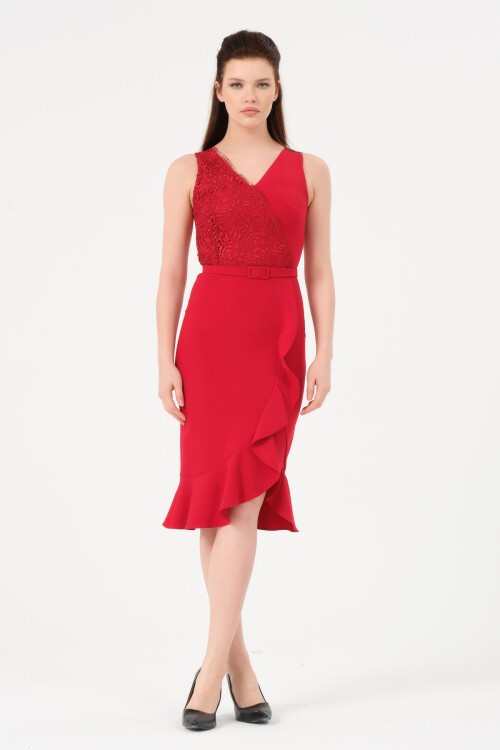 Dantel Detaylı Volanlı Midi Elbise - 1226