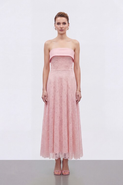 Dantel Dokulu Straplez Midi Abiye - 2115