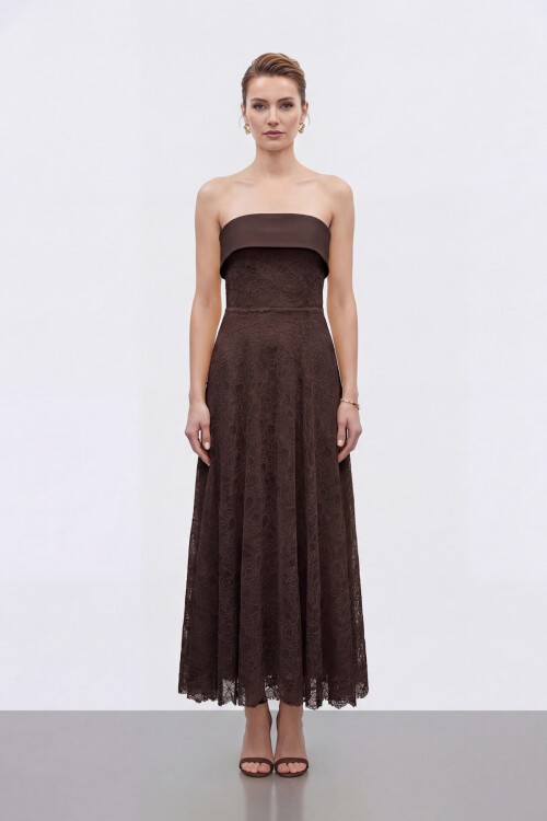 Dantel Dokulu Straplez Midi Abiye - 2115