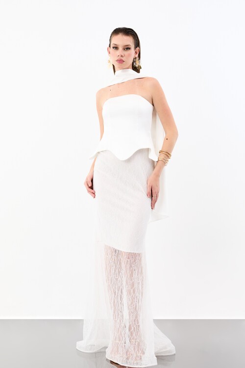 Dantel Etek Detaylı Straplez Uzun Abiye - 2032