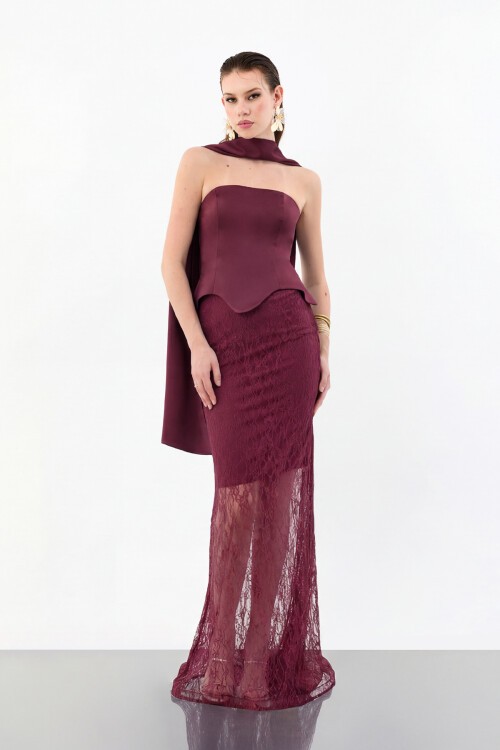 Dantel Etek Detaylı Straplez Uzun Abiye - 2032