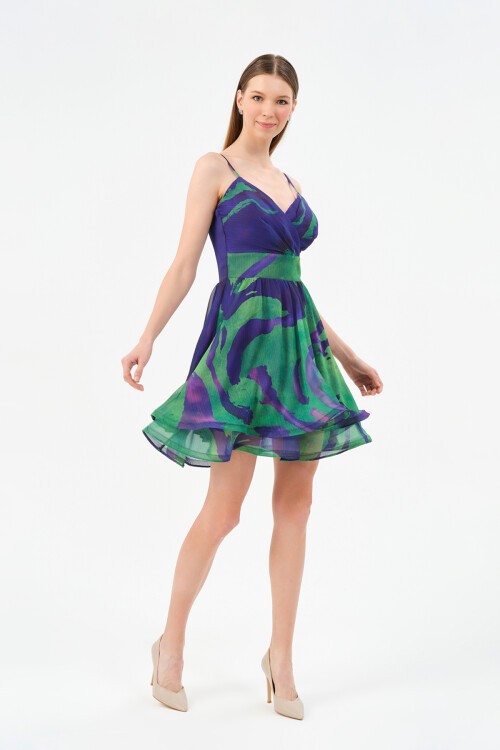 Desenli Volanlı Mini Elbise - 1521