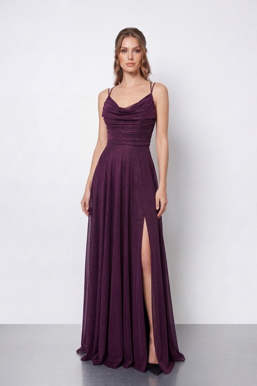 Dökümlü Yaka ve Yırtmaç Detaylı Işıltılı Uzun Abiye - 2042