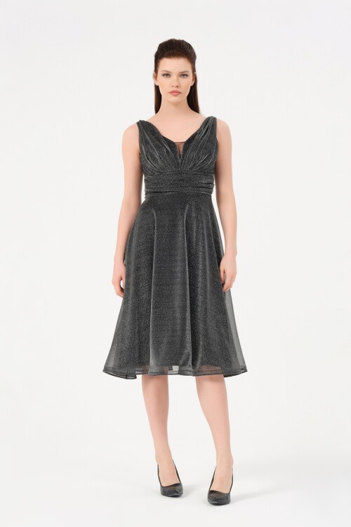 Drape Detaylı Simli Midi Elbise - 1602