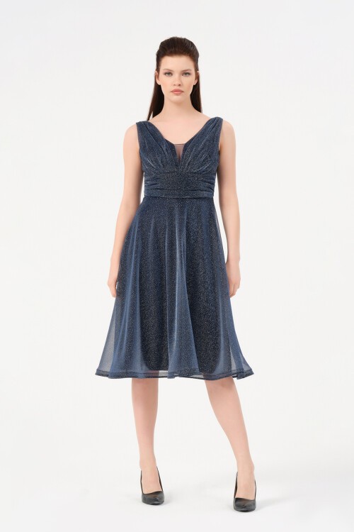 Drape Detaylı Simli Midi Elbise - 1602