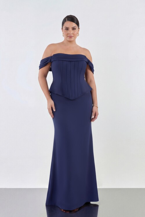 Drapeli Korsaj Formlu Omuz Açık Uzun Abiye - 2104