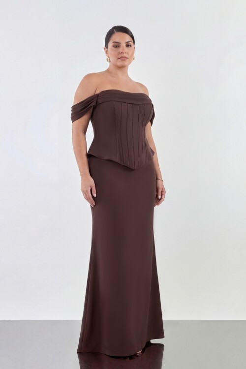 Drapeli Korsaj Formlu Omuz Açık Uzun Abiye - 2104