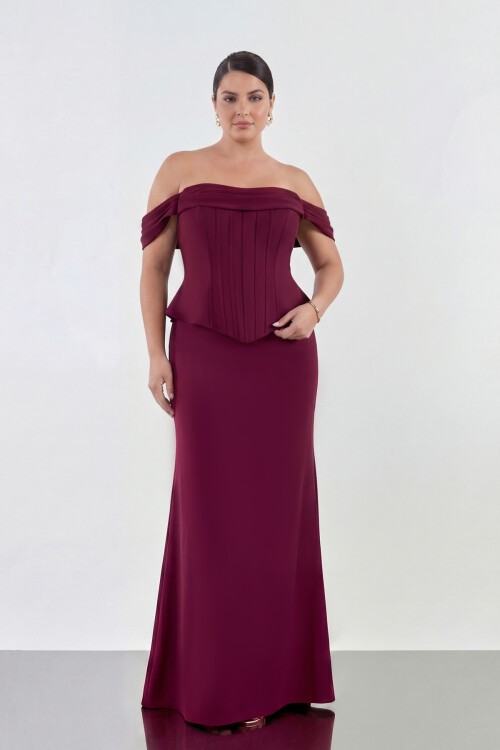 Drapeli Korsaj Formlu Omuz Açık Uzun Abiye - 2104