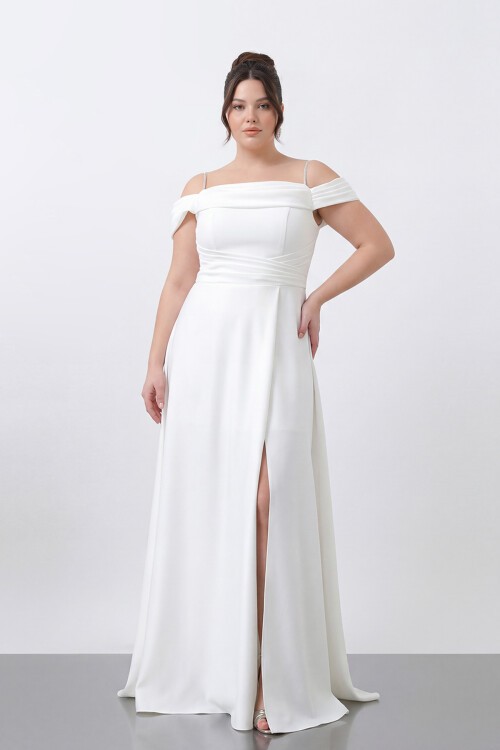 Drapeli Omuz Açık Yırtmaçlı Uzun Abiye - 1496