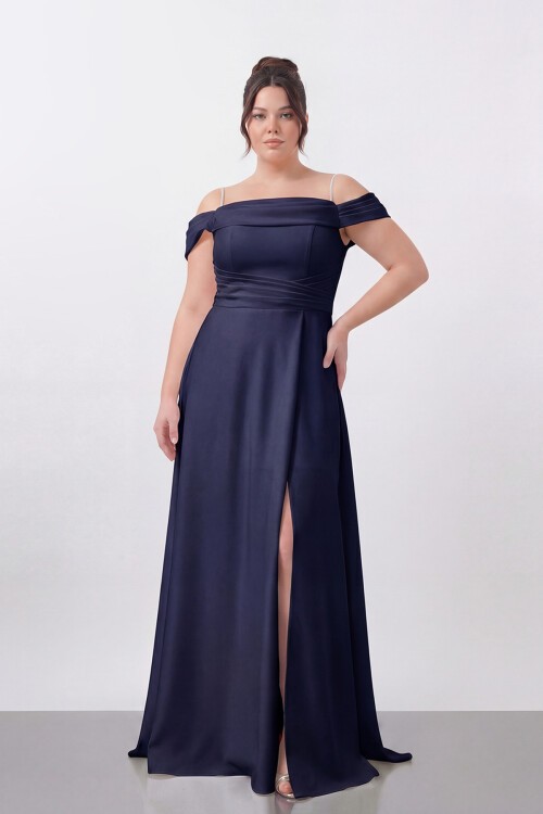 Drapeli Omuz Açık Yırtmaçlı Uzun Abiye - 1496