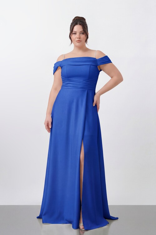 Drapeli Omuz Açık Yırtmaçlı Uzun Abiye - 1496