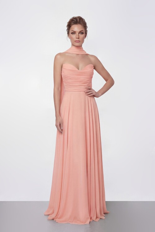 Drapeli Straplez Şifon Uzun Abiye - 2051