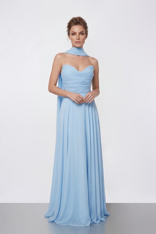 Drapeli Straplez Şifon Uzun Abiye - 2051