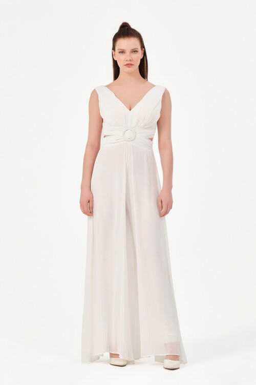 Drapeli Toka Detaylı Şifon Tulum - 1300