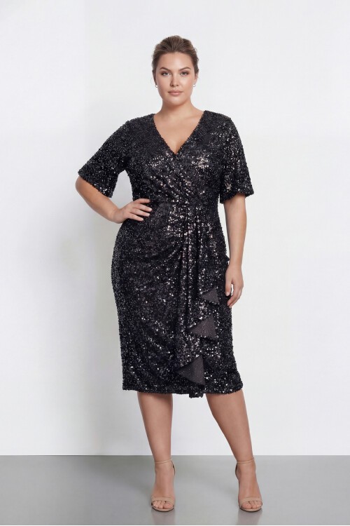 Drapeli V Yaka Büyük Beden Payetli Midi Abiye - 2131