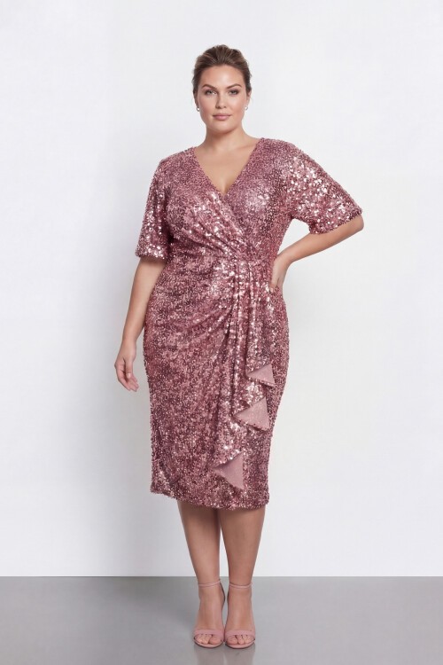 Drapeli V Yaka Büyük Beden Payetli Midi Abiye - 2131