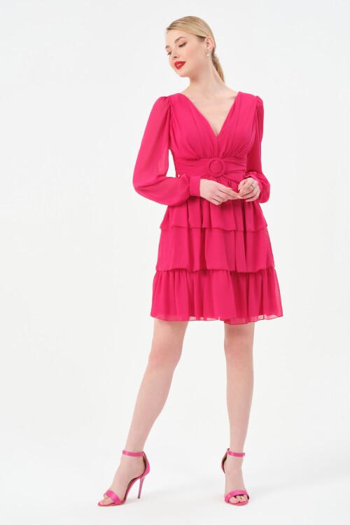 Drapeli Volanlı Mini Elbise - 1298