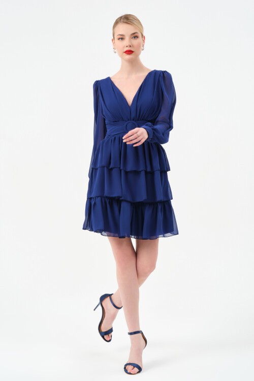 Drapeli Volanlı Mini Elbise - 1298