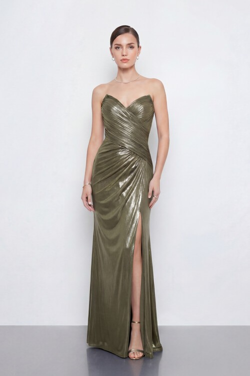 Drapeli Yırtmaçlı Straplez Abiye - 2102