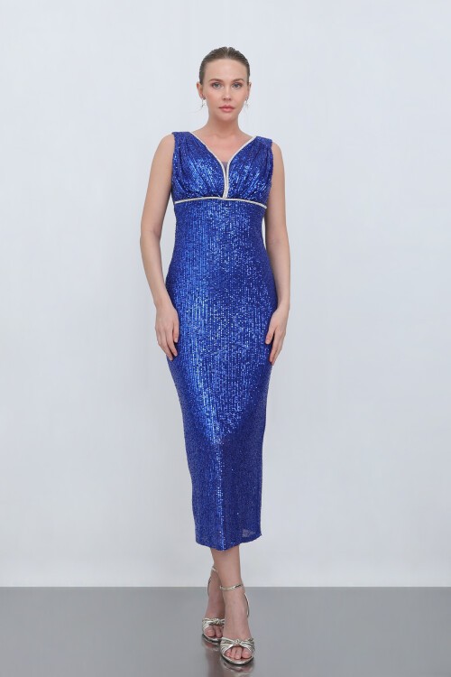 Göğüs Detaylı Payetli Midi Elbise - 1706