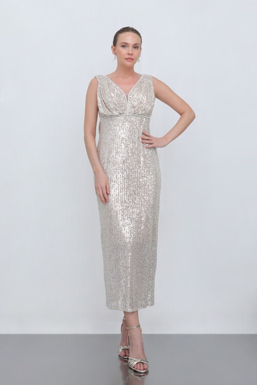 Göğüs Detaylı Payetli Midi Elbise - 1706